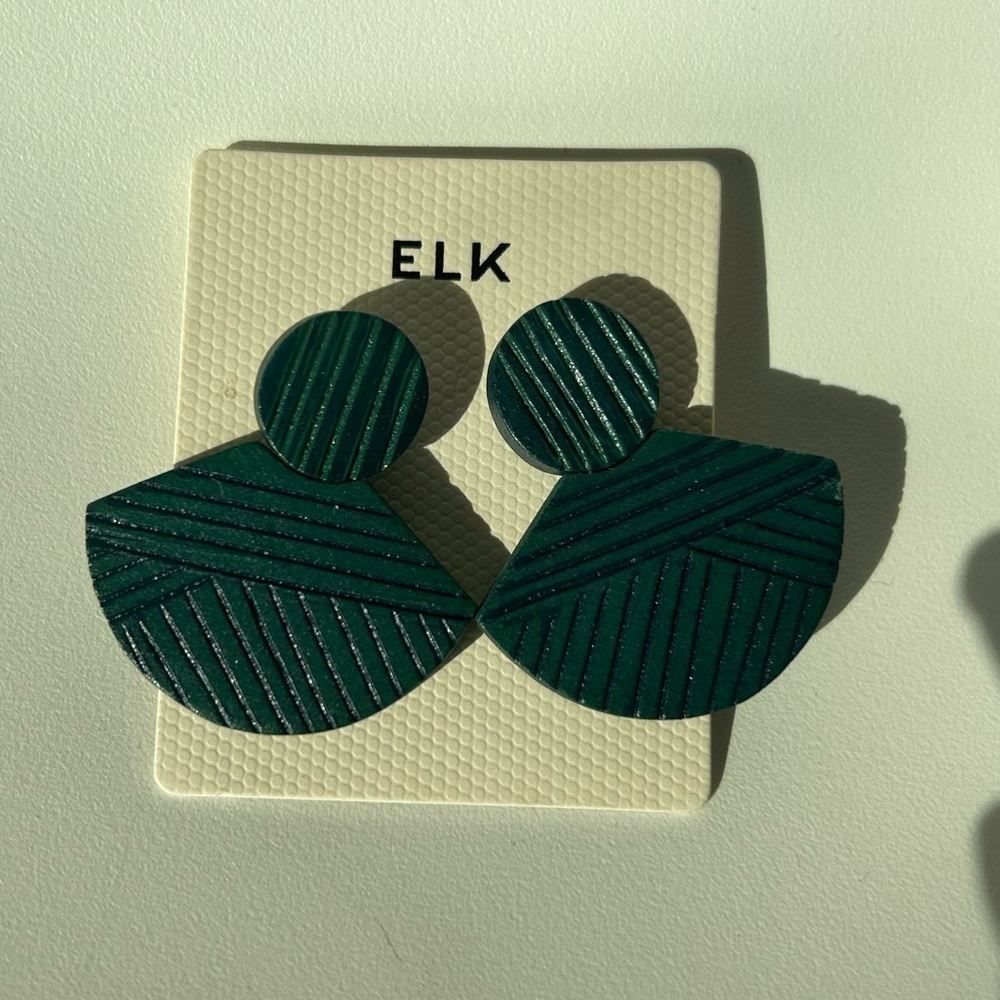 ELK handmade wooden earrings. Dark green and navy blue.